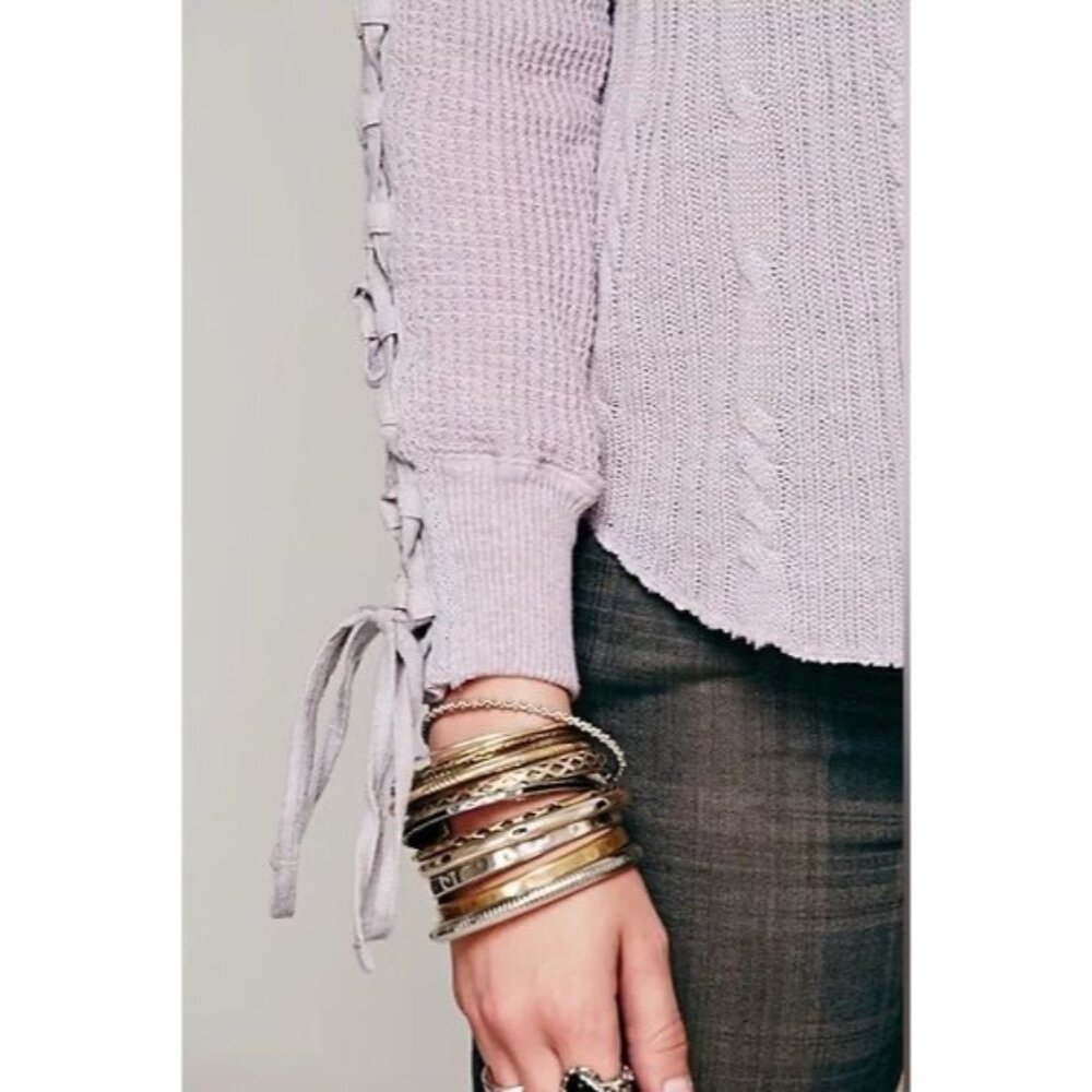 Free People Lilac Lace Up Sleeve Thermal Cable Knit Sweater | Boho Grunge Fairy - Picture 5 of 16